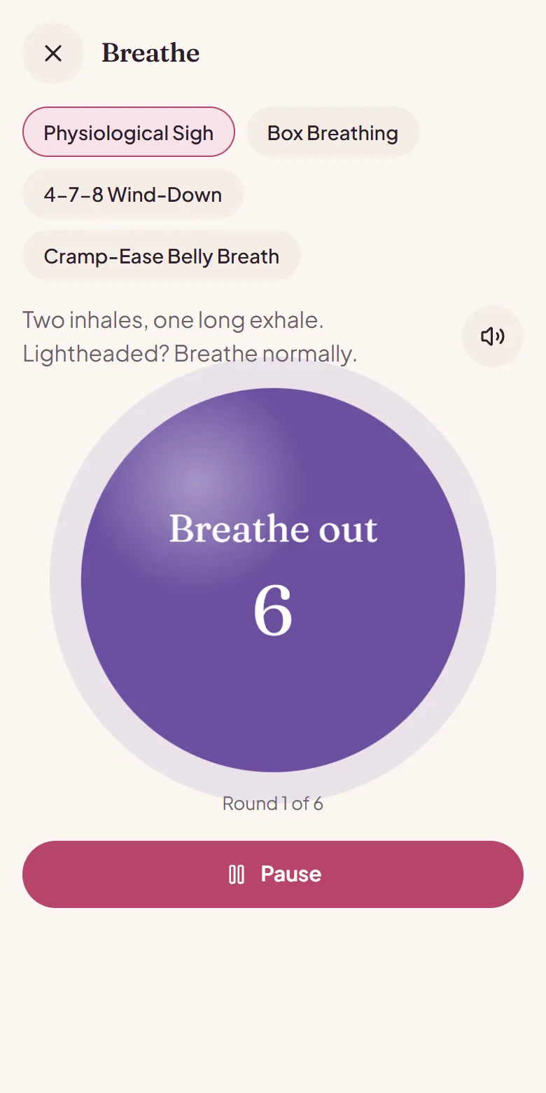 Twilune's Breathe screen guiding a physiological sigh, with box breathing, 4-7-8 and a cramp-ease belly breath to choose from
