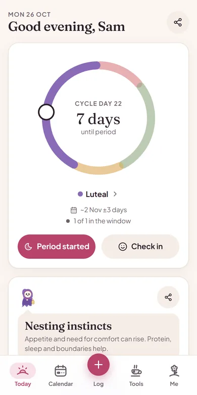 Twilune's Today screen: cycle day, days until the next period as a range, and the current phase
