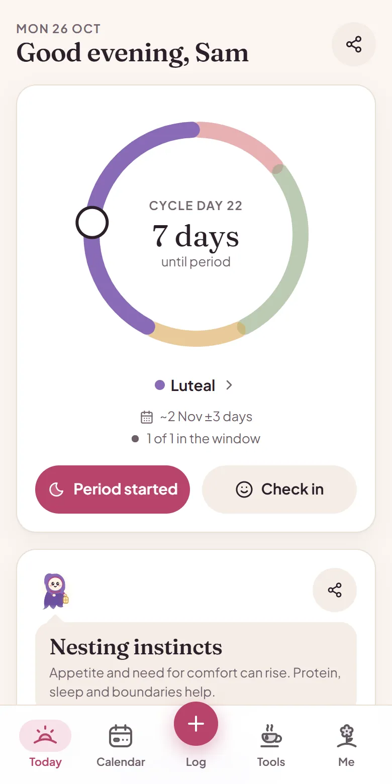 Twilune's Today screen: cycle day 22, about 7 days until the next period shown as a range, luteal phase, and a forecast card that reads Nesting instincts